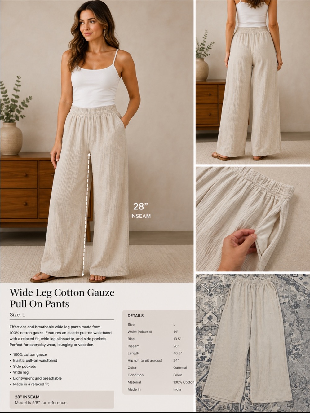 Beyond Capri Made in Italy 100% Cotton Gauze Wide Leg Pants NWT One Size